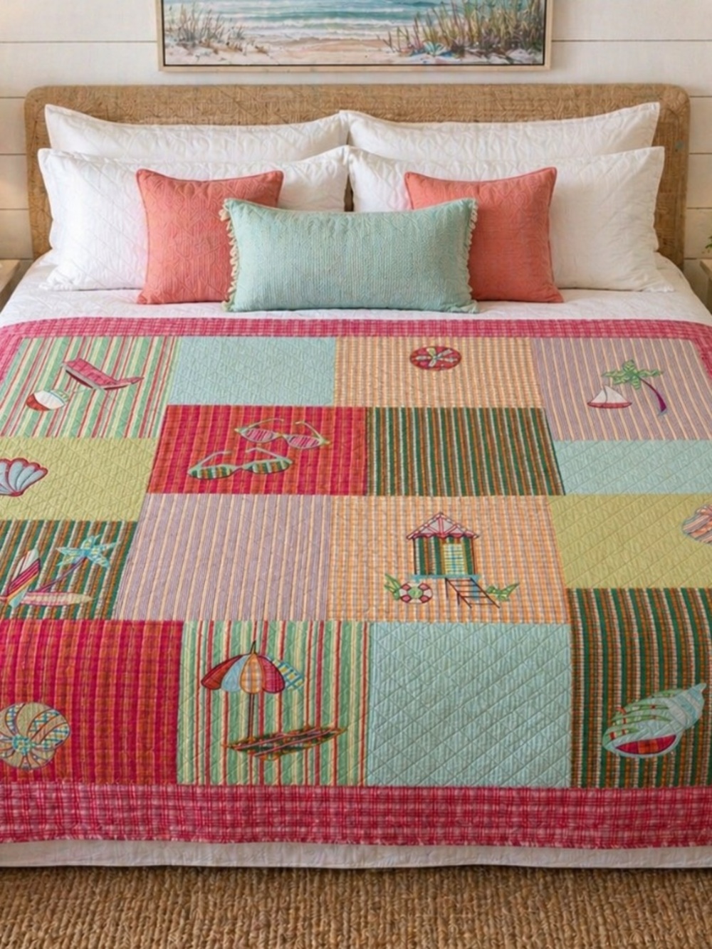 Seaside Patchwork Quilt King Cal King Pink Aqua Yellow Green Beachy